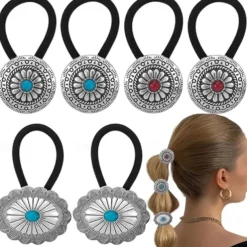 6 PCS Metal Western Style Ponytail Holders Boho Hair Ties Flower Circular Hair Ropes Vintage Squash Blossom Hairs Rope Vintage Turquoise Concho Squash Blossom Hairs Bands for Women Girls