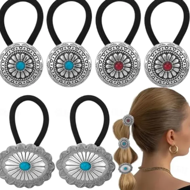 6 PCS Metal Western Style Ponytail Holders Boho Hair Ties Flower Circular Hair Ropes Vintage Squash Blossom Hairs Rope Vintage Turquoise Concho Squash Blossom Hairs Bands for Women Girls