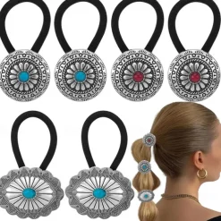 6 PCS Metal Western Style Ponytail Holders Boho Hair Ties Flower Circular Hair Ropes Vintage Squash Blossom Hairs Rope Vintage Turquoise Concho Squash Blossom Hairs Bands for Women Girls