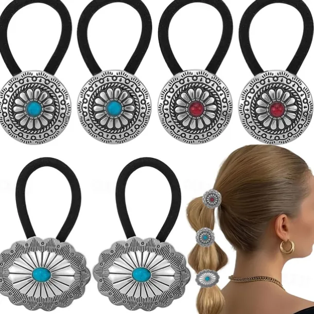 6 PCS Metal Western Style Ponytail Holders Boho Hair Ties Flower Circular Hair Ropes Vintage Squash Blossom Hairs Rope Vintage Turquoise Concho Squash Blossom Hairs Bands for Women Girls