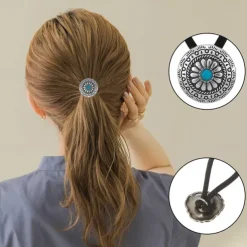 6 PCS Metal Western Style Ponytail Holders Boho Hair Ties Flower Circular Hair Ropes Vintage Squash Blossom Hairs Rope Vintage Turquoise Concho Squash Blossom Hairs Bands for Women Girls