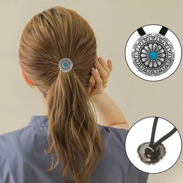 6 PCS Metal Western Style Ponytail Holders Boho Hair Ties Flower Circular Hair Ropes Vintage Squash Blossom Hairs Rope Vintage Turquoise Concho Squash Blossom Hairs Bands for Women Girls