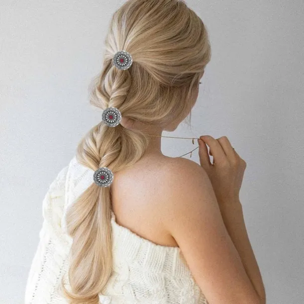 6 PCS Metal Western Style Ponytail Holders Boho Hair Ties Flower Circular Hair Ropes Vintage Squash Blossom Hairs Rope Vintage Turquoise Concho Squash Blossom Hairs Bands for Women Girls