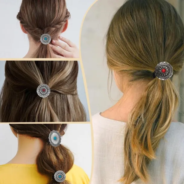 6 PCS Metal Western Style Ponytail Holders Boho Hair Ties Flower Circular Hair Ropes Vintage Squash Blossom Hairs Rope Vintage Turquoise Concho Squash Blossom Hairs Bands for Women Girls