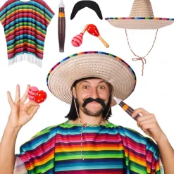 6 Pcs Mexico Costume Set Including Sombrero Hat Mexico Poncho Fake Mustache Colorful Maracas and Stick Prop for Adults Men Women Cinco De Mayo Outfit Fiesta Event Party