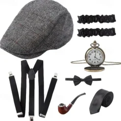 7 Pcs 1920s Gangster Costume Men Gatsby Beret Hat Retro Pocket Watch Y-Back Suspenders Tie Armbands Manhattan Mens Costume Accessories