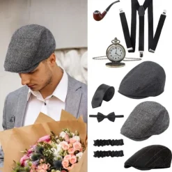 7 Pcs 1920s Gangster Costume Men Gatsby Beret Hat Retro Pocket Watch Y-Back Suspenders Tie Armbands Manhattan Mens Costume Accessories