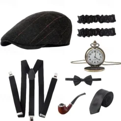 7 Pcs 1920s Gangster Costume Men Gatsby Beret Hat Retro Pocket Watch Y-Back Suspenders Tie Armbands Manhattan Mens Costume Accessories