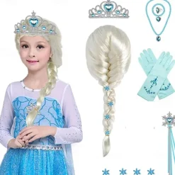 12 Pcs Set kids Elsa Cosplay Wig Long Blonde Princess Braided Wig White Girl Synthetic Wig for Anime Party Wig Cap Halloween Wigs