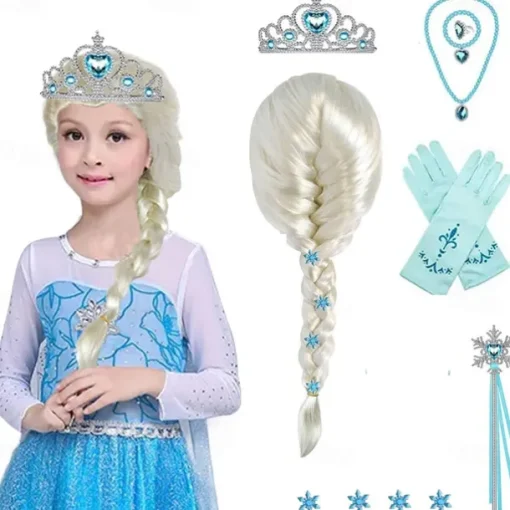 12 Pcs Set kids Elsa Cosplay Wig Long Blonde Princess Braided Wig White Girl Synthetic Wig for Anime Party Wig Cap Halloween Wigs