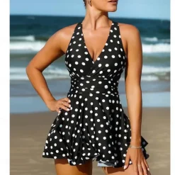 1 pcs Swimwear One-Piece Swimsuits Retro Vintage 1950s Women's Polka Dot Polyester Black Blue Dress