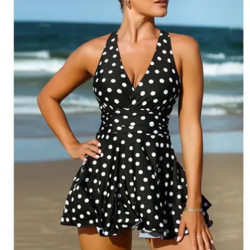 1 pcs Swimwear One-Piece Swimsuits Retro Vintage 1950s Women's Polka Dot Polyester Black Blue Dress