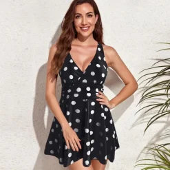 1 pcs Swimwear One-Piece Swimsuits Retro Vintage 1950s Women's Polka Dot Polyester Black Blue Dress