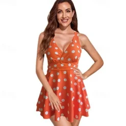 1 pcs Swimwear One-Piece Swimsuits Retro Vintage 1950s Women's Polka Dot Polyester Black Blue Dress