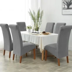 6 Pcs Velvet Plush XL Dining Chair Covers, Burgundy Stretch Chair Cover, Spandex High Back Chair Protector Covers Seat Slipcover with Elastic Band for Dining Room,Wedding