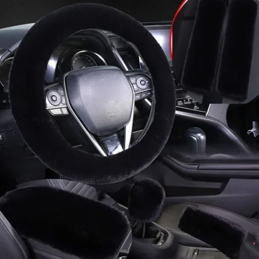 6 Pcs/Set Fluffy Faux Wool Car Steering Wheel Cover Furry Seatbelt Shoulder Pads Auto Center Console Armrest Pads Gear Shift Knob Cover Handbrake Cover Universal Warm Winter