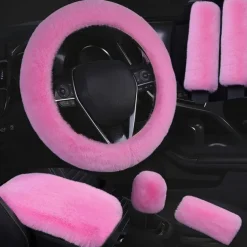 6 Pcs/Set Fluffy Faux Wool Car Steering Wheel Cover Furry Seatbelt Shoulder Pads Auto Center Console Armrest Pads Gear Shift Knob Cover Handbrake Cover Universal Warm Winter