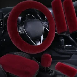 6 Pcs/Set Fluffy Faux Wool Car Steering Wheel Cover Furry Seatbelt Shoulder Pads Auto Center Console Armrest Pads Gear Shift Knob Cover Handbrake Cover Universal Warm Winter