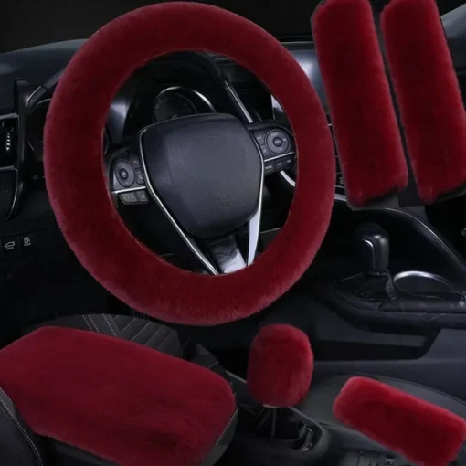 6 Pcs/Set Fluffy Faux Wool Car Steering Wheel Cover Furry Seatbelt Shoulder Pads Auto Center Console Armrest Pads Gear Shift Knob Cover Handbrake Cover Universal Warm Winter