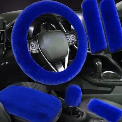 6 Pcs/Set Fluffy Faux Wool Car Steering Wheel Cover Furry Seatbelt Shoulder Pads Auto Center Console Armrest Pads Gear Shift Knob Cover Handbrake Cover Universal Warm Winter