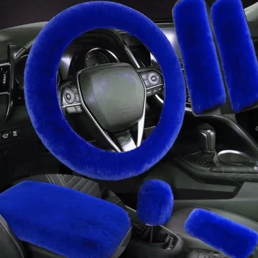 6 Pcs/Set Fluffy Faux Wool Car Steering Wheel Cover Furry Seatbelt Shoulder Pads Auto Center Console Armrest Pads Gear Shift Knob Cover Handbrake Cover Universal Warm Winter