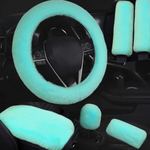 6 Pcs/Set Fluffy Faux Wool Car Steering Wheel Cover Furry Seatbelt Shoulder Pads Auto Center Console Armrest Pads Gear Shift Knob Cover Handbrake Cover Universal Warm Winter