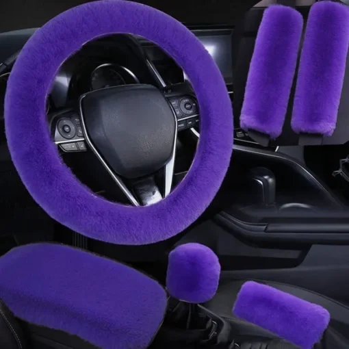 6 Pcs/Set Fluffy Faux Wool Car Steering Wheel Cover Furry Seatbelt Shoulder Pads Auto Center Console Armrest Pads Gear Shift Knob Cover Handbrake Cover Universal Warm Winter