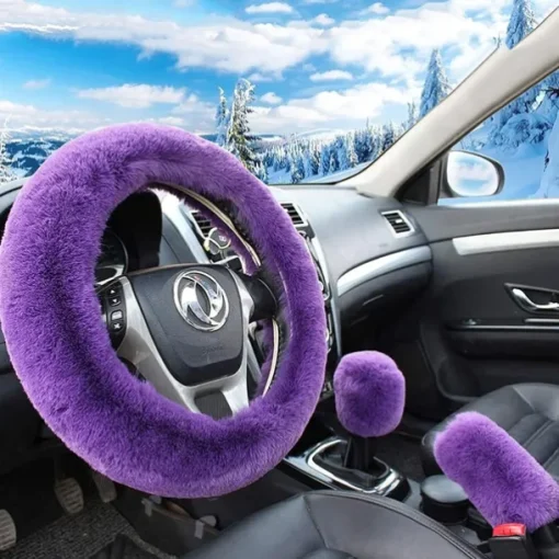 6 Pcs/Set Fluffy Faux Wool Car Steering Wheel Cover Furry Seatbelt Shoulder Pads Auto Center Console Armrest Pads Gear Shift Knob Cover Handbrake Cover Universal Warm Winter