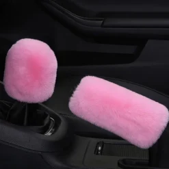 6 Pcs/Set Fluffy Faux Wool Car Steering Wheel Cover Furry Seatbelt Shoulder Pads Auto Center Console Armrest Pads Gear Shift Knob Cover Handbrake Cover Universal Warm Winter
