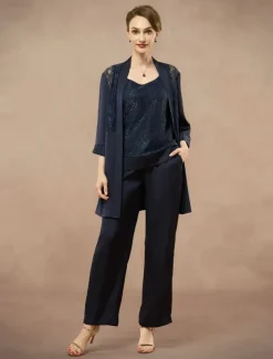 3 Piece Mother of the Bride Pantsuit Metalic Floral Lace Applique Elegant Minimalist V Neck Ankle Length Lace 3/4 Length Sleeve Jacket2025