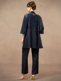 3 Piece Mother of the Bride Pantsuit Metalic Floral Lace Applique Elegant Minimalist V Neck Ankle Length Lace 3/4 Length Sleeve Jacket2025
