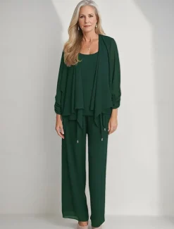 3 Piece Mother of the Bride Pantsuits Elegant Simple Luxurious Square Neck Floor Length Chiffon 3/4 Length Gathered Sleeve with Crystals Cascading Ruffles