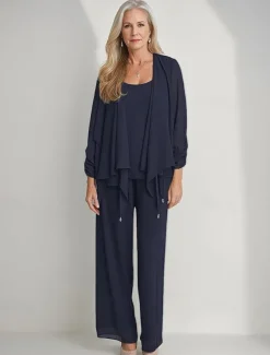 3 Piece Mother of the Bride Pantsuits Elegant Simple Luxurious Square Neck Floor Length Chiffon 3/4 Length Gathered Sleeve with Crystals Cascading Ruffles