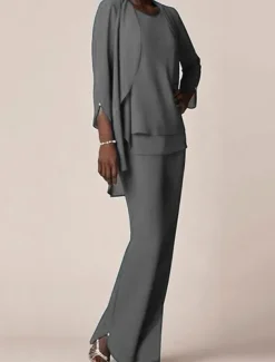 3 piece Pantsuit Mother of the Bride Wedding Guest Elegant V Neck Floor Length Chiffon 3/4 Length Sleeve with Ruffles free custom size
