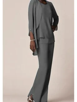 3 piece Pantsuit Mother of the Bride Wedding Guest Elegant V Neck Floor Length Chiffon 3/4 Length Sleeve with Ruffles free custom size