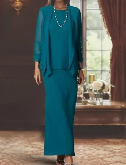 3 Piece Sheath Mother of the Bride Dress Formal Wedding Guest Elegant Scoop Neck Floor Length Chiffon Long Sleeve Wrap Included with Solid Color