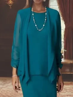 3 Piece Sheath Mother of the Bride Dress Formal Wedding Guest Elegant Scoop Neck Floor Length Chiffon Long Sleeve Wrap Included with Solid Color
