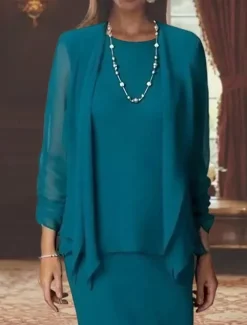 3 Piece Sheath Mother of the Bride Dress Formal Wedding Guest Elegant Scoop Neck Floor Length Chiffon Long Sleeve Wrap Included with Solid Color