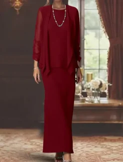 3 Piece Sheath Mother of the Bride Dress Formal Wedding Guest Elegant Scoop Neck Floor Length Chiffon Long Sleeve Wrap Included with Solid Color
