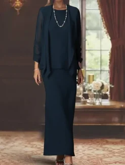 3 Piece Sheath Mother of the Bride Dress Formal Wedding Guest Elegant Scoop Neck Floor Length Chiffon Long Sleeve Wrap Included with Solid Color