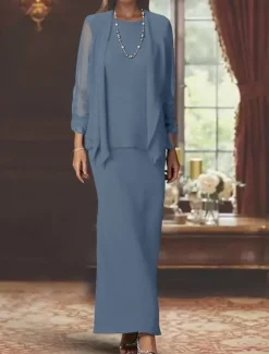 3 Piece Sheath Mother of the Bride Dress Formal Wedding Guest Elegant Scoop Neck Floor Length Chiffon Long Sleeve Wrap Included with Solid Color