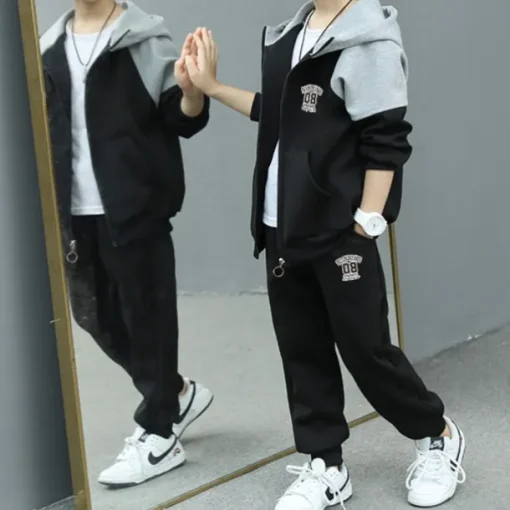 2 Pieces Kids Boys Tracksuits Outfit Color Block Letter Long Sleeve Cotton Set Sports Winter Fall 7-13 Years Black Gray
