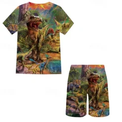 2 Pieces Kids Boys T-shirt & Shorts Clothing Set Outfit Graphic Dinosaur Short Sleeve Crewneck Set Outdoor Sports Fashion Cool Spring 7-13 Years Blue Dusty Blue Green