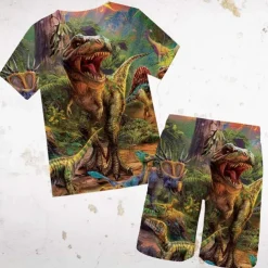 2 Pieces Kids Boys T-shirt & Shorts Clothing Set Outfit Graphic Dinosaur Short Sleeve Crewneck Set Outdoor Sports Fashion Cool Spring 7-13 Years Blue Dusty Blue Green