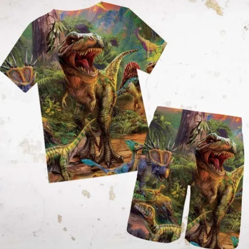2 Pieces Kids Boys T-shirt & Shorts Clothing Set Outfit Graphic Dinosaur Short Sleeve Crewneck Set Outdoor Sports Fashion Cool Spring 7-13 Years Blue Dusty Blue Green