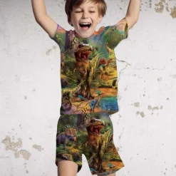 2 Pieces Kids Boys T-shirt & Shorts Clothing Set Outfit Graphic Dinosaur Short Sleeve Crewneck Set Outdoor Sports Fashion Cool Spring 7-13 Years Blue Dusty Blue Green