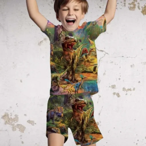 2 Pieces Kids Boys T-shirt & Shorts Clothing Set Outfit Graphic Dinosaur Short Sleeve Crewneck Set Outdoor Sports Fashion Cool Spring 7-13 Years Blue Dusty Blue Green