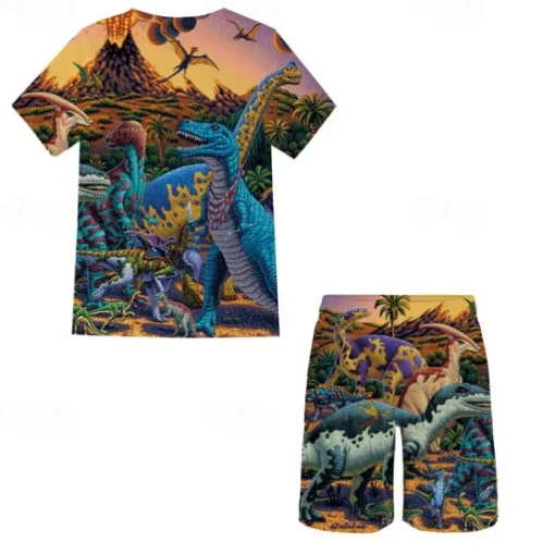 2 Pieces Kids Boys T-shirt & Shorts Clothing Set Outfit Graphic Dinosaur Short Sleeve Crewneck Set Outdoor Sports Fashion Cool Spring 7-13 Years Blue Dusty Blue Green