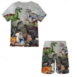 2 Pieces Kids Boys T-shirt & Shorts Clothing Set Outfit Graphic Dinosaur Short Sleeve Crewneck Set Outdoor Sports Fashion Cool Spring 7-13 Years Blue Dusty Blue Green