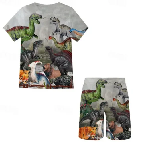 2 Pieces Kids Boys T-shirt & Shorts Clothing Set Outfit Graphic Dinosaur Short Sleeve Crewneck Set Outdoor Sports Fashion Cool Spring 7-13 Years Blue Dusty Blue Green